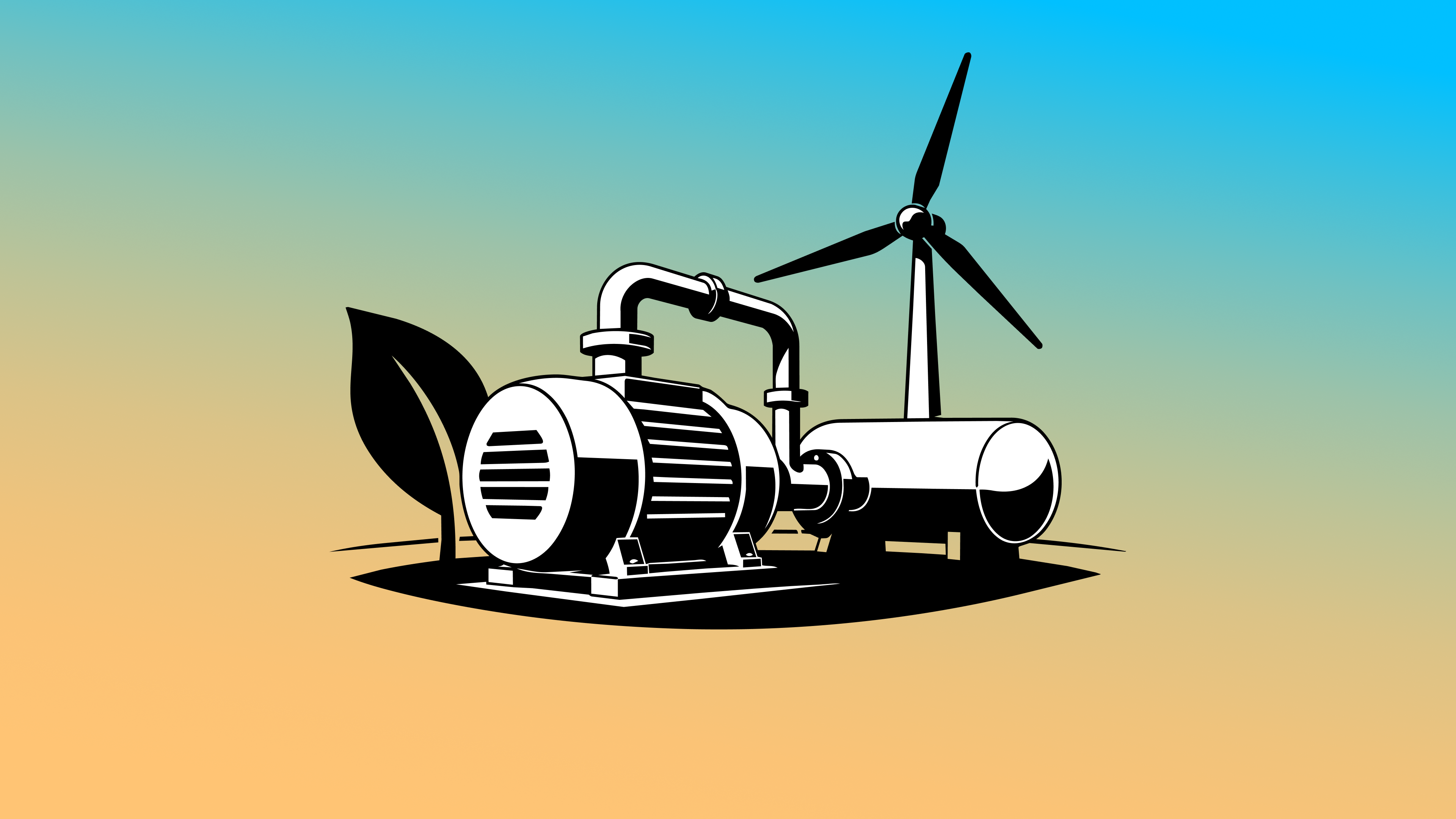 Illustration eines Elektromotors mit Pumpe, Windrad und Blatt als Keyvisual des Blogs UM/VER/TEILT für Kommunikation in der Versorgungswirtschaft