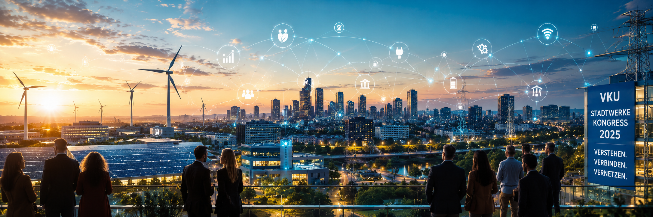 Professionelle Besucher blicken von einer Terrasse auf eine vernetzte Stadt mit Windkraft, Solaranlagen und Stromnetzen als Symbol für den VKU-Stadtwerkekongress.