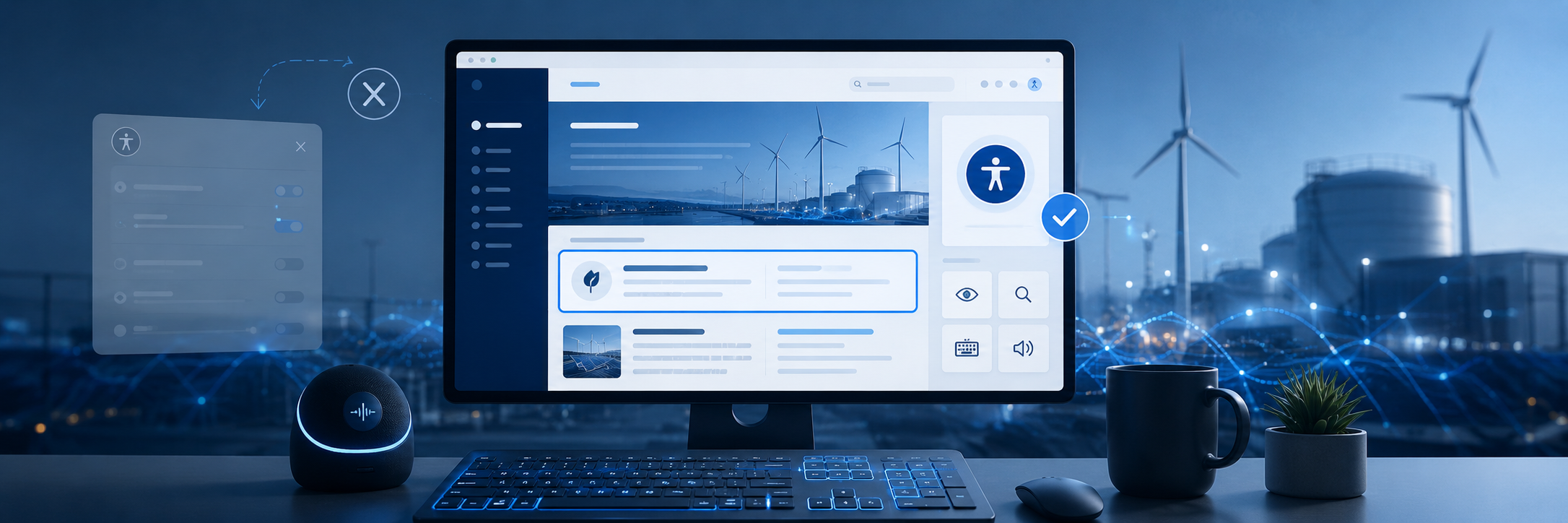 Desktop mit Website-Ansicht, Barrierefreiheits-Symbolen und ausgeblendetem Overlay-Tool vor einer digitalen Energielandschaft als Hinweis auf echte digitale Barrierefreiheit.