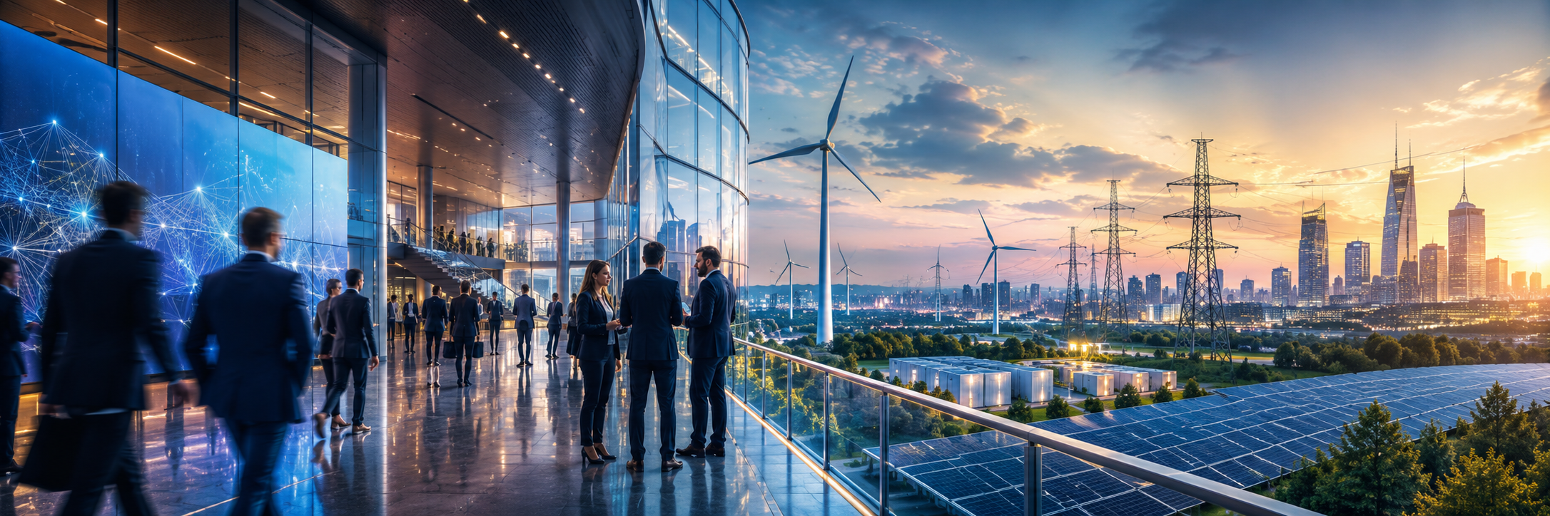 Menschen auf einer modernen Energiekonferenz mit Blick auf Windkraft, Solaranlagen, Stromnetze und Stadt als Symbol für den Wandel der Energiewirtschaft.