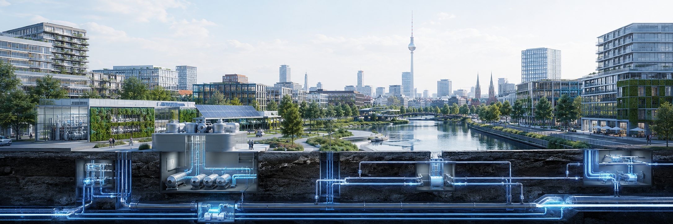 Moderne Stadt mit unterirdischem, blau leuchtendem Fernkältenetz.