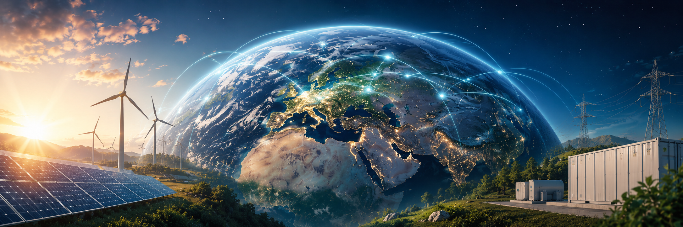 Futuristische Energielandschaft mit Erde, Solarflächen, Windrädern und global vernetzten Stromleitungen als Symbol für weltweite erneuerbare Energieversorgung.