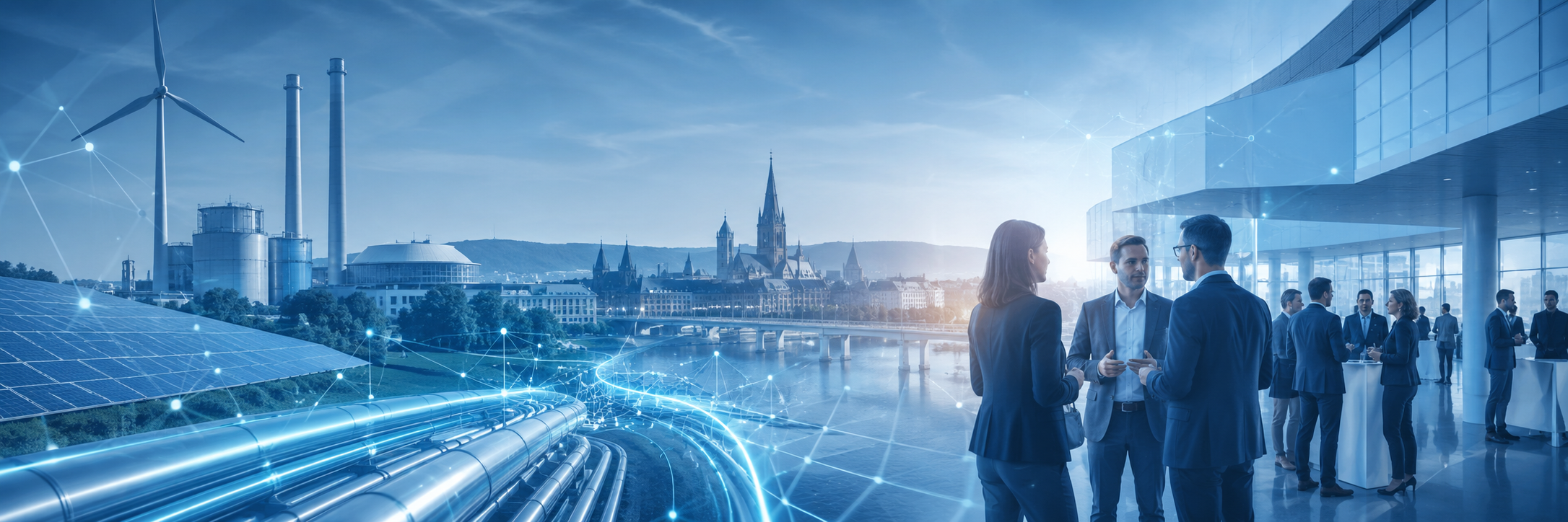 Panorama mit Stadtwerke-Infrastruktur, Solaranlage, Windrad, Energienetzen und Menschen im Austausch vor moderner Kongressarchitektur.