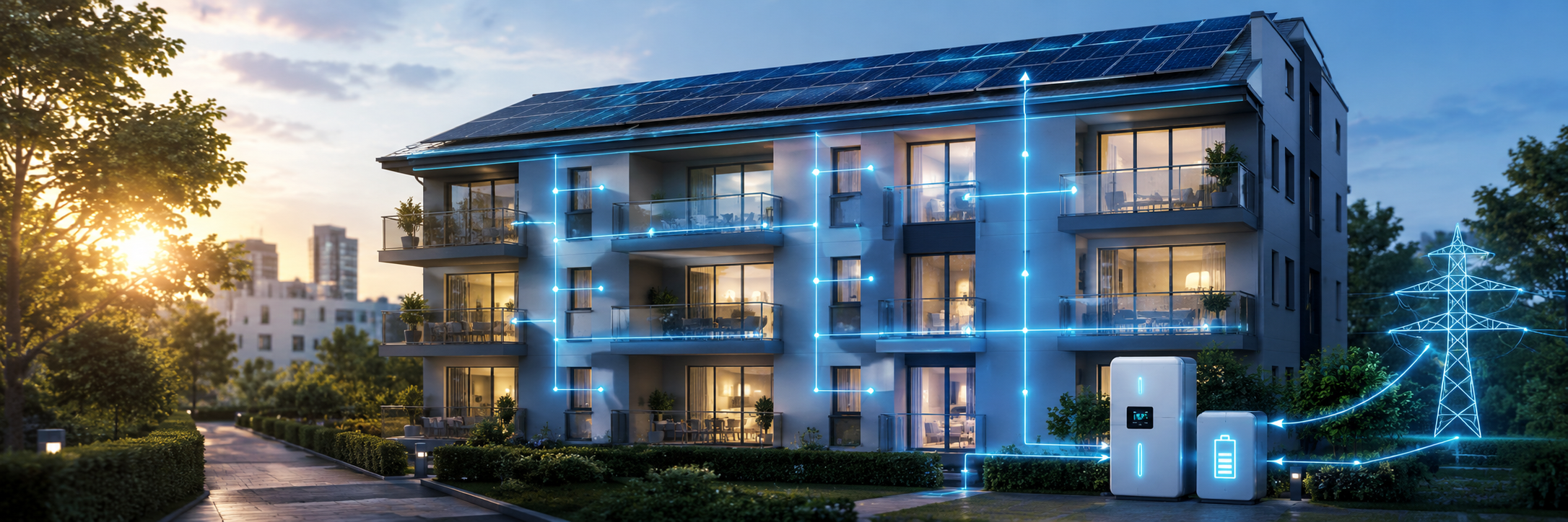Mehrfamilienhaus mit Solardach, Speicher und digitalem Energienetz als Symbol für einfacheren Mieterstrom im Wohnquartier.