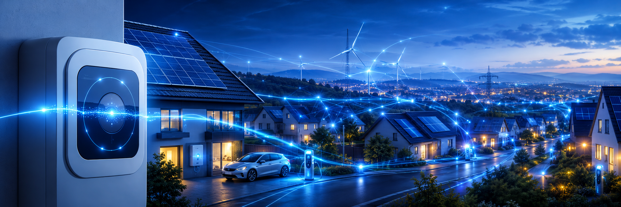 Intelligenter Stromzähler vor vernetztem Wohnquartier mit Solardächern, Ladepunkten, Windrädern und digitalem Energienetz.