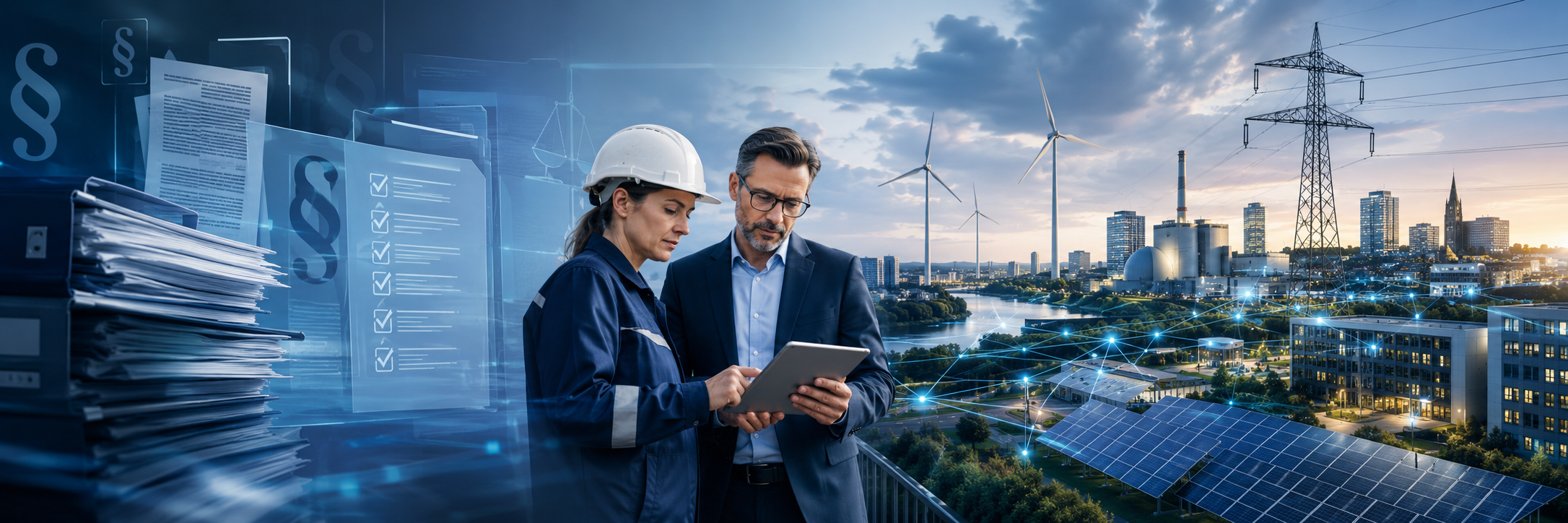 Fachkräfte prüfen digitale Unterlagen vor Energieinfrastruktur mit Stromnetz, Windrädern und Solaranlagen als Symbol für Regulierung und Transformation.