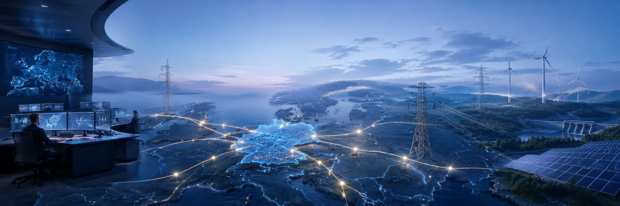 Digitale Energielandschaft Europas mit Stromnetzen, Windkraft, Solaranlagen und Kontrollraum als Symbol für Stromimporte, europäischen Energiehandel und Netzflexibilität.