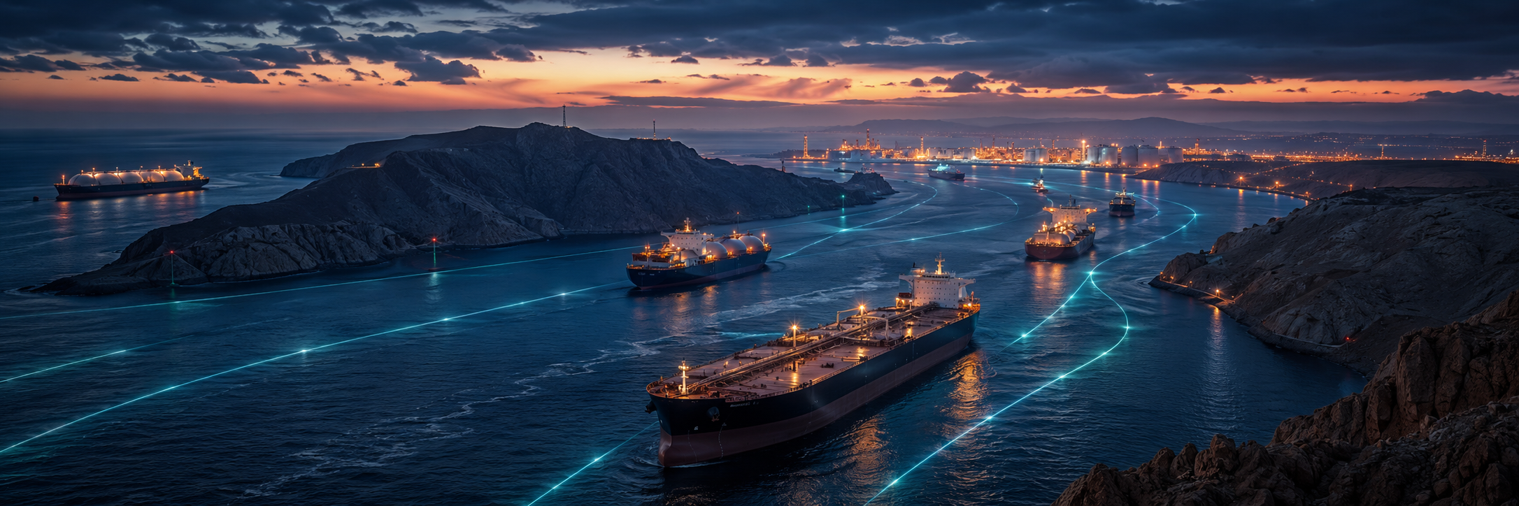 Öltanker fahren durch eine enge Meeresstraße bei Dämmerung, umgeben von Industriehafen, Leuchtrouten und dunklen Wolken als Symbol für Hormus-Risiken.