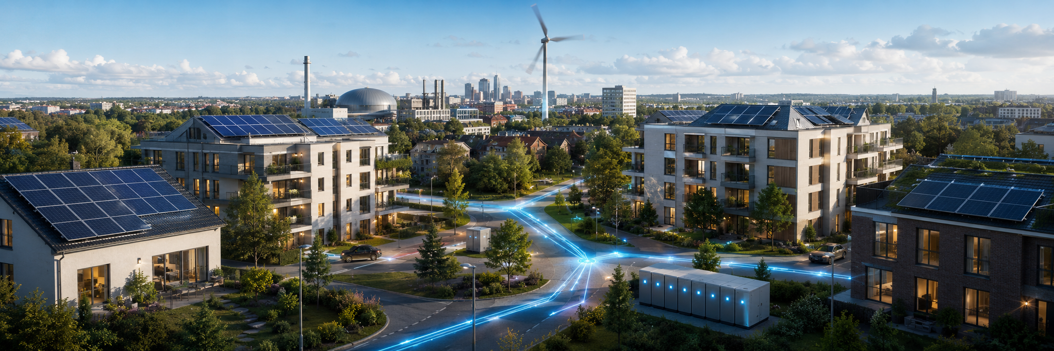 Wohnquartier mit Solardächern, Windrad, Speicher und leuchtenden Stromflüssen als Symbol für Energy Sharing und lokal geteilte erneuerbare Energie.