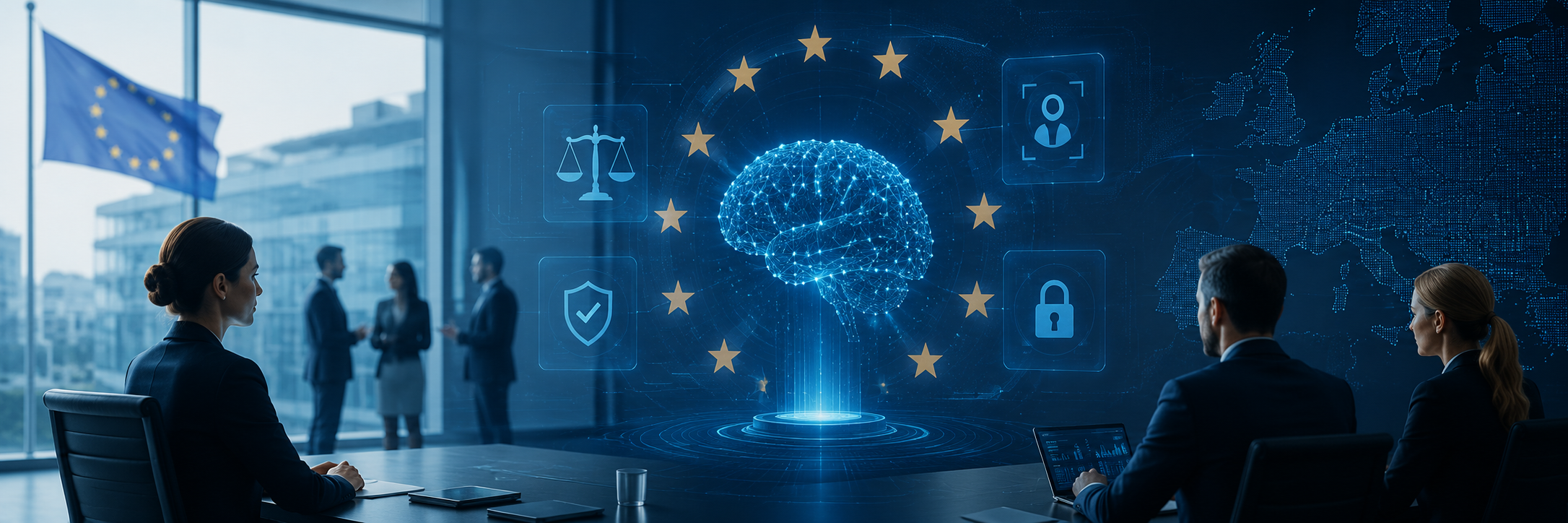 Symbolische Darstellung der EU-KI-Verordnung: Geschäftsleute in einem modernen Konferenzraum blicken auf eine digitale KI-Visualisierung mit Europa-Karte, Datenschutz- und Compliance-Symbolen.