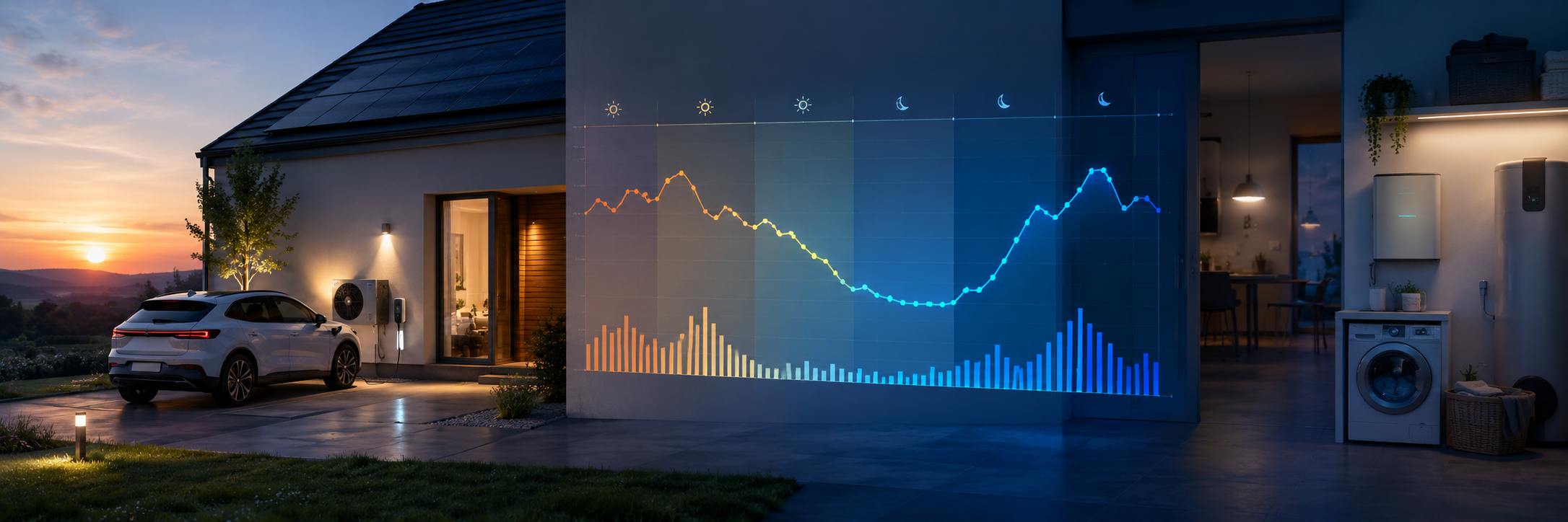 Modernes Wohnhaus mit Solaranlage, E-Auto, Wärmepumpe und digitaler Strompreis-Kurve als Symbol für dynamische Stromtarife und flexible Energienutzung.